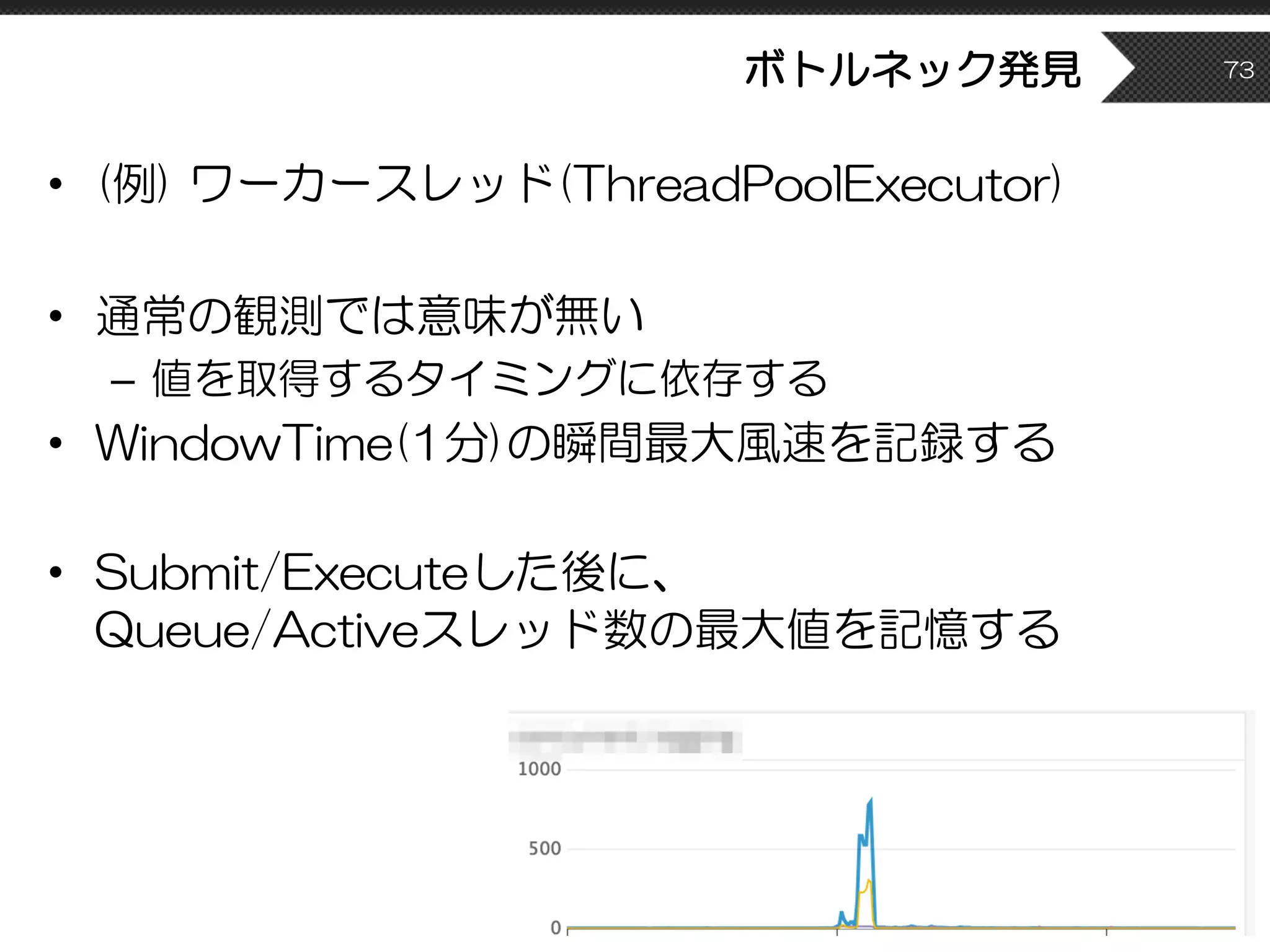 ボトルネック発見
• (例) ワーカースレッド(ThreadPoolExecutor)
• 通常の観測では意味が無い
– 値を取得するタイミングに依存する
• WindowTime(1分)の瞬間最大風速を記録する
• Submit/Executeした後に、
Queue/Activeスレッド数の最大値を記憶する
73
 