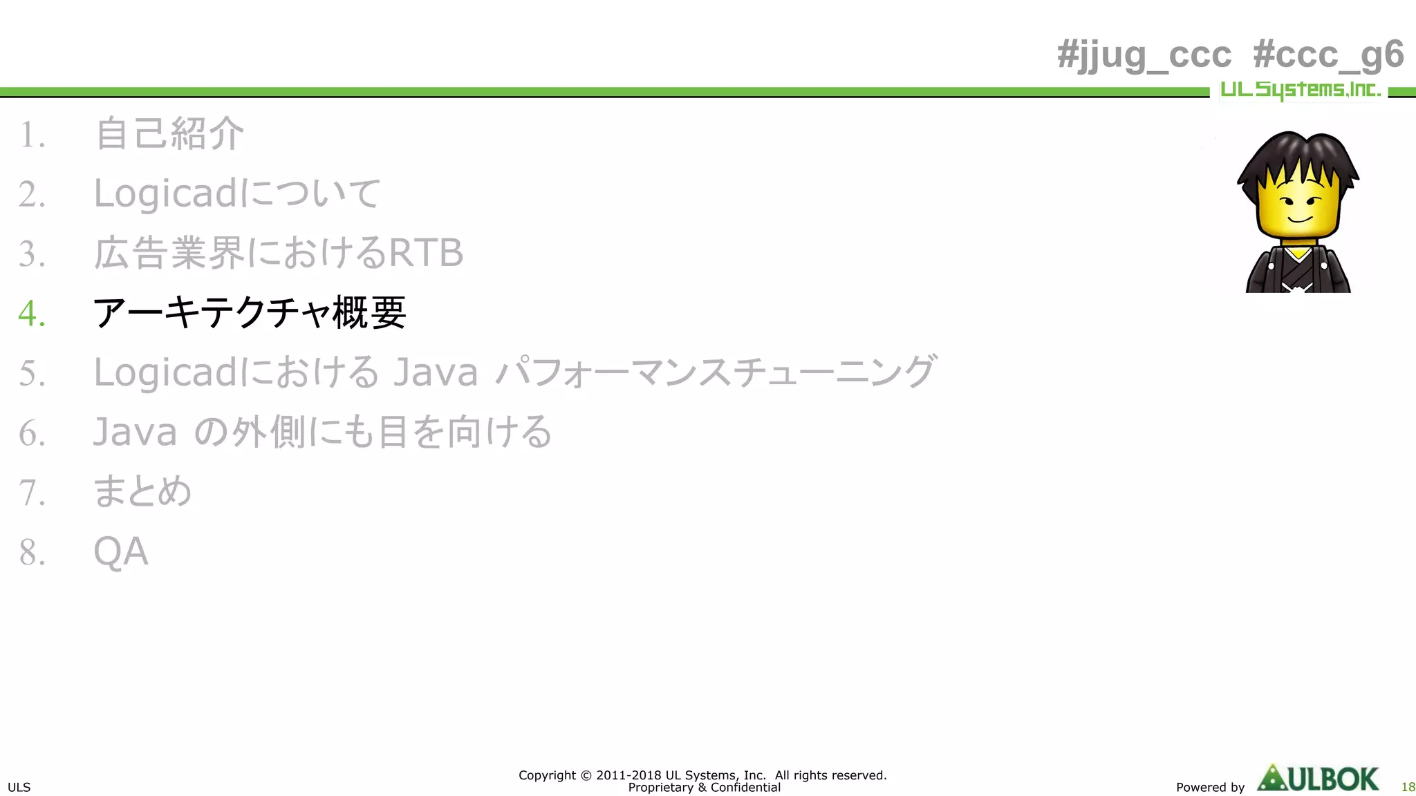 ULS
Copyright © 2011-2018 UL Systems, Inc. All rights reserved.
Proprietary & Confidential Powered by 18
#jjug_ccc #ccc_g6
1. 自己紹介
2. Logicadについて
3. 広告業界におけるRTB
4. アーキテクチャ概要
5. Logicadにおける Java パフォーマンスチューニング
6. Java の外側にも目を向ける
7. まとめ
8. QA
 