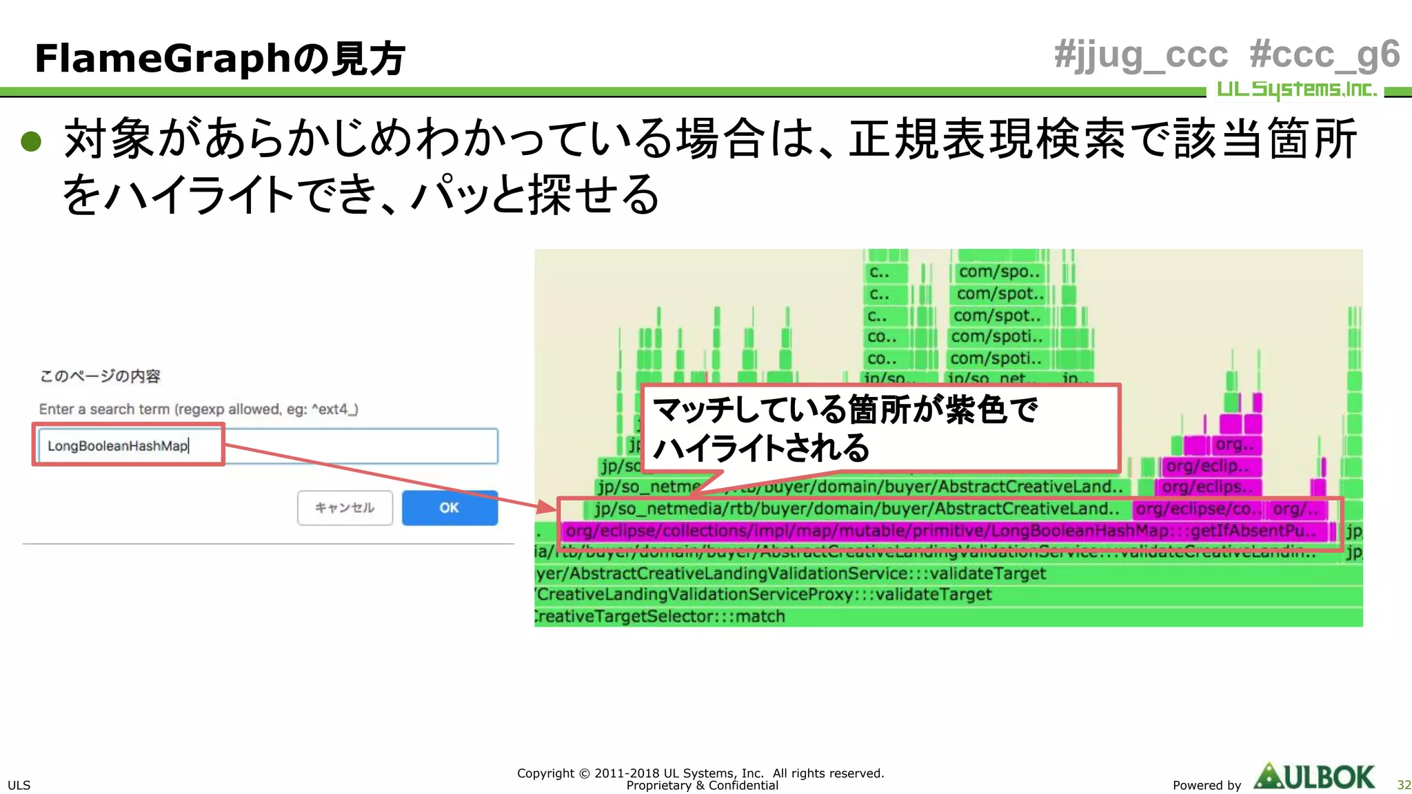 ULS
Copyright © 2011-2018 UL Systems, Inc. All rights reserved.
Proprietary & Confidential Powered by 32
#jjug_ccc #ccc_g6FlameGraphの見方
● 対象があらかじめわかっている場合は、正規表現検索で該当箇所
をハイライトでき、パッと探せる
マッチしている箇所が紫色で
ハイライトされる
 