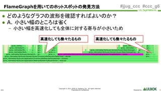 ULS
Copyright © 2011-2018 UL Systems, Inc. All rights reserved.
Proprietary & Confidential Powered by 35
#jjug_ccc #ccc_g6
● どのようなグラフの波形を確認すればよいのか？
● A. 小さい幅のところは省く
– 小さい幅を高速化しても全体に対する寄与が小さいため
高速化しても微々たるもの
FlameGraphを用いてのホットスポットの発見方法
高速化しても微々たるもの
 
