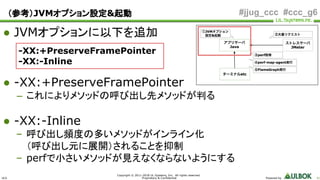 ULS
Copyright © 2011-2018 UL Systems, Inc. All rights reserved.
Proprietary & Confidential Powered by 41
#jjug_ccc #ccc_g6（参考）JVMオプション設定&起動
● JVMオプションに以下を追加
-XX:+PreserveFramePointer
-XX:-Inline
● -XX:+PreserveFramePointer
– これによりメソッドの呼び出し先メソッドが判る
● -XX:-Inline
– 呼び出し頻度の多いメソッドがインライン化
（呼び出し元に展開）されることを抑制
– perfで小さいメソッドが見えなくならないようにする
 