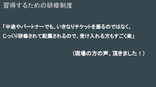 「中途やパートナーでも、いきなりチケットを振るのではなく、
じっくり研修されて配属されるので、受け入れる方もすごく楽」
(現場の方の声、頂きました！)
習得するための研修制度
 