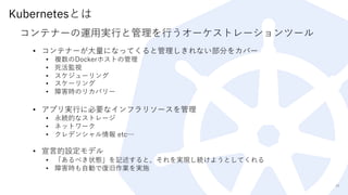 Kubernetesとは
23
コンテナーの運⽤実⾏と管理を⾏うオーケストレーションツール
• コンテナーが⼤量になってくると管理しきれない部分をカバー
• 複数のDockerホストの管理
• 死活監視
• スケジューリング
• スケーリング
• 障害時のリカバリー
• アプリ実⾏に必要なインフラリソースを管理
• 永続的なストレージ
• ネットワーク
• クレデンシャル情報 etc…
• 宣⾔的設定モデル
• 「あるべき状態」を記述すると、それを実現し続けようとしてくれる
• 障害時も⾃動で復旧作業を実施
 