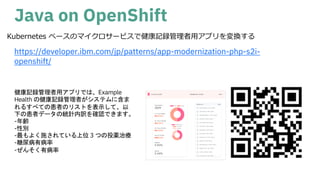 Java on OpenShift
https://developer.ibm.com/jp/patterns/app-modernization-php-s2i-
openshift/
Kubernetes ベースのマイクロサービスで健康記録管理者⽤アプリを変換する
健康記録管理者用アプリでは、Example
Health の健康記録管理者がシステムに含ま
れるすべての患者のリストを表示して、以
下の患者データの統計内訳を確認できます。
-年齢
-性別
-最もよく施されている上位 3 つの投薬治療
-糖尿病有病率
-ぜんそく有病率
 