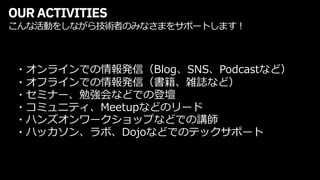 OUR ACTIVITIES
こんな活動をしながら技術者のみなさまをサポートします︕
・オンラインでの情報発信（Blog、SNS、Podcastなど）
・オフラインでの情報発信（書籍、雑誌など）
・セミナー、勉強会などでの登壇
・コミュニティ、Meetupなどのリード
・ハンズオンワークショップなどでの講師
・ハッカソン、ラボ、Dojoなどでのテックサポート
 