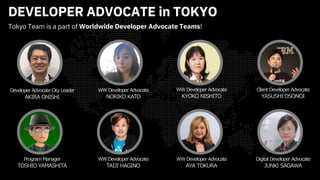 DEVELOPER ADVOCATE in TOKYO
Tokyo Team is a part of Worldwide Developer Advocate Teams!
Developer Advocate City Leader
AKIRA ONISHI
WW Developer Advocate
KYOKO NISHITO
WW Developer Advocate
TAIJI HAGINO
WW Developer Advocate
AYA TOKURA
Program Manager
TOSHIO YAMASHITA
WW Developer Advocate
NORIKO KATO
Client Developer Advocate
YASUSHI OSONOI
Digital Developer Advocate
JUNKI SAGAWA
 