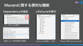 Mavenに関する便利な機能
Lifecycleを選択して実行 Pluginの実行(spring-boot)
追加したい依存関係を選部
「+」ボタンを押す
Dependencyの追加 LifeCycleの実行
 