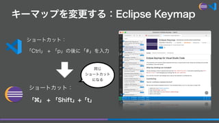 キーマップを変更する：Eclipse Keymap
ショートカット：
「Ctrl」 + 「p」の後に「#」を入力
ショートカット：
「 」 + 「Shift」+「t」
同じ
ショートカット
になる
 