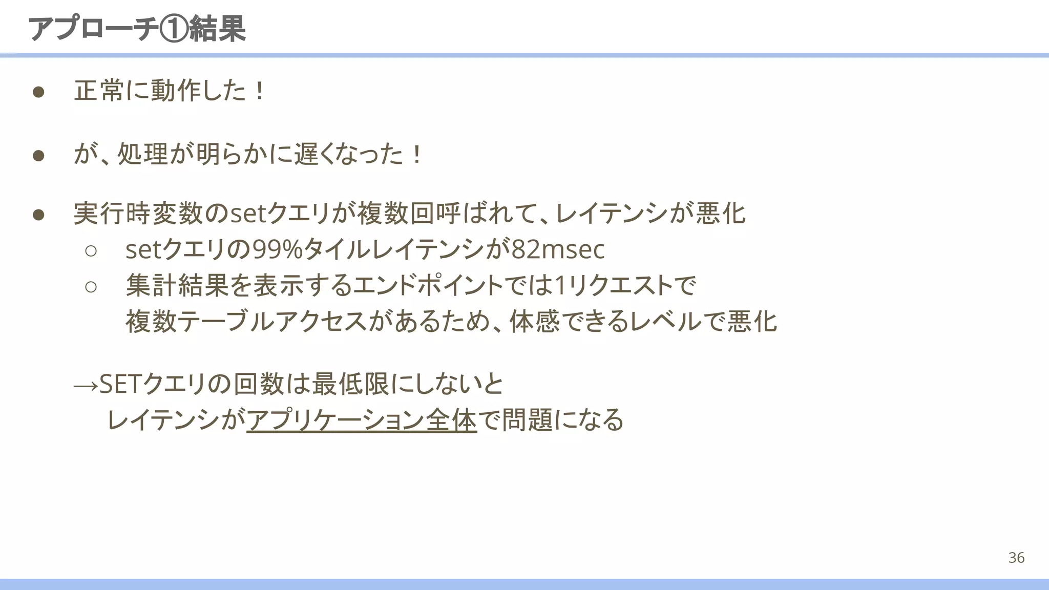 ● 実行時変数のsetクエリが複数回呼ばれて、レイテンシが悪化
○ setクエリの99%タイルレイテンシが82msec
○ 集計結果を表示するエンドポイントでは1リクエストで
複数テーブルアクセスがあるため、体感できるレベルで悪化
→SETクエリの回数は最低限にしないと
レイテンシがアプリケーション全体で問題になる
● 正常に動作した！
アプローチ①結果
36
● が、処理が明らかに遅くなった！
 