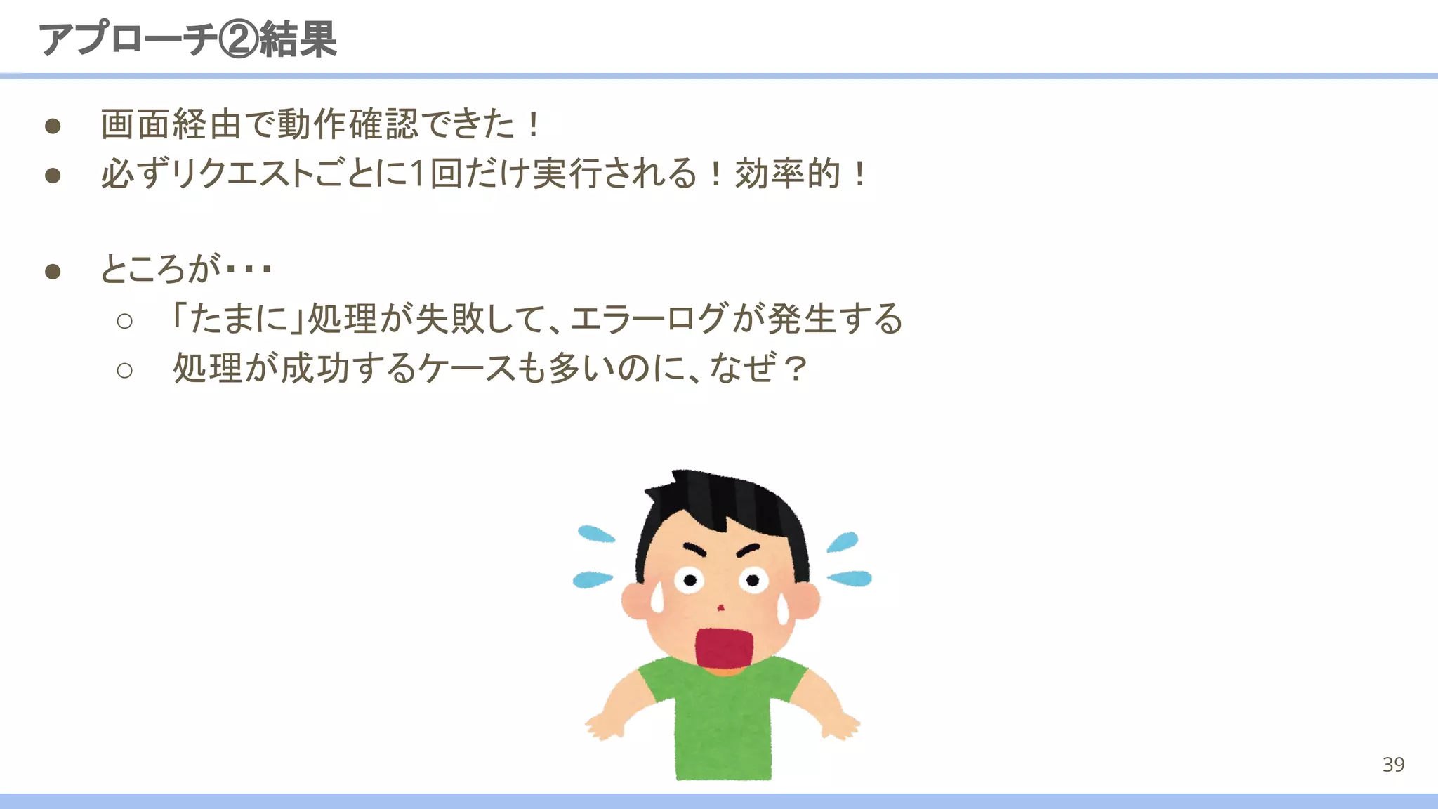 ● 画面経由で動作確認できた！
● 必ずリクエストごとに1回だけ実行される！効率的！
アプローチ②結果
39
● ところが・・・
○ 「たまに」処理が失敗して、エラーログが発生する
○ 処理が成功するケースも多いのに、なぜ？
 