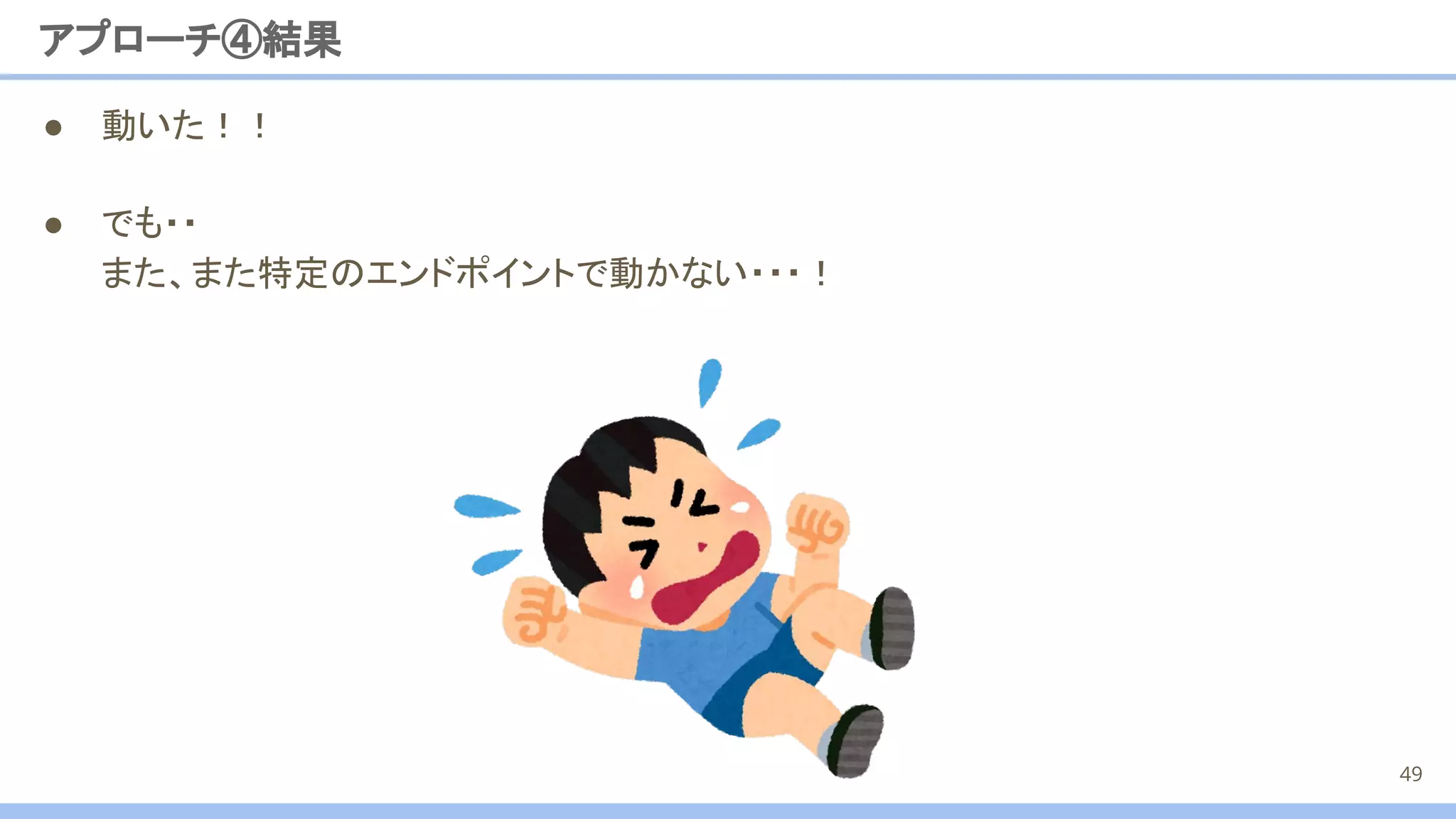 ● 動いた！！
アプローチ④結果
49
● でも・・
また、また特定のエンドポイントで動かない・・・！
 