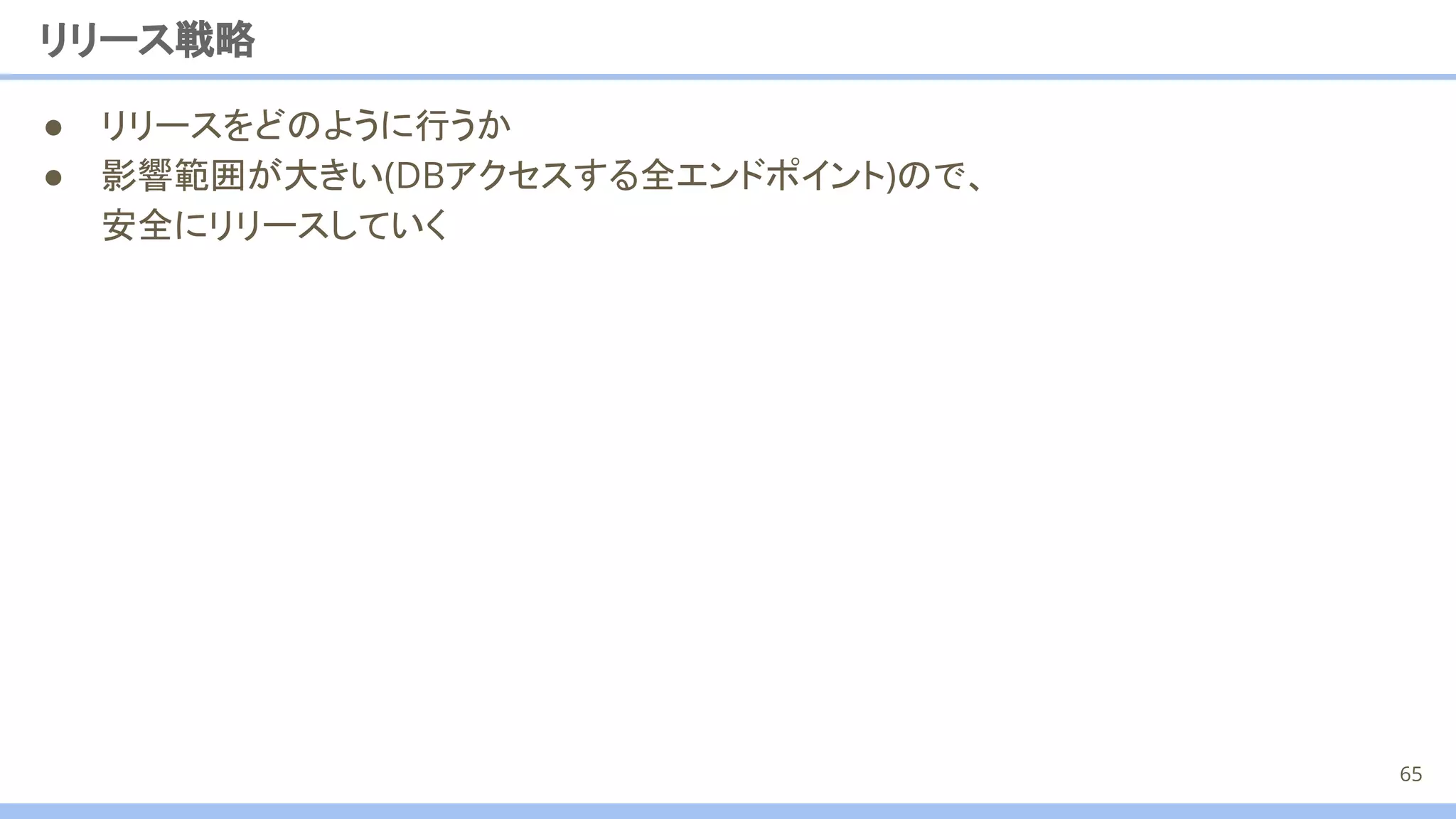 リリース戦略
65
● リリースをどのように行うか
● 影響範囲が大きい(DBアクセスする全エンドポイント)ので、
安全にリリースしていく
 