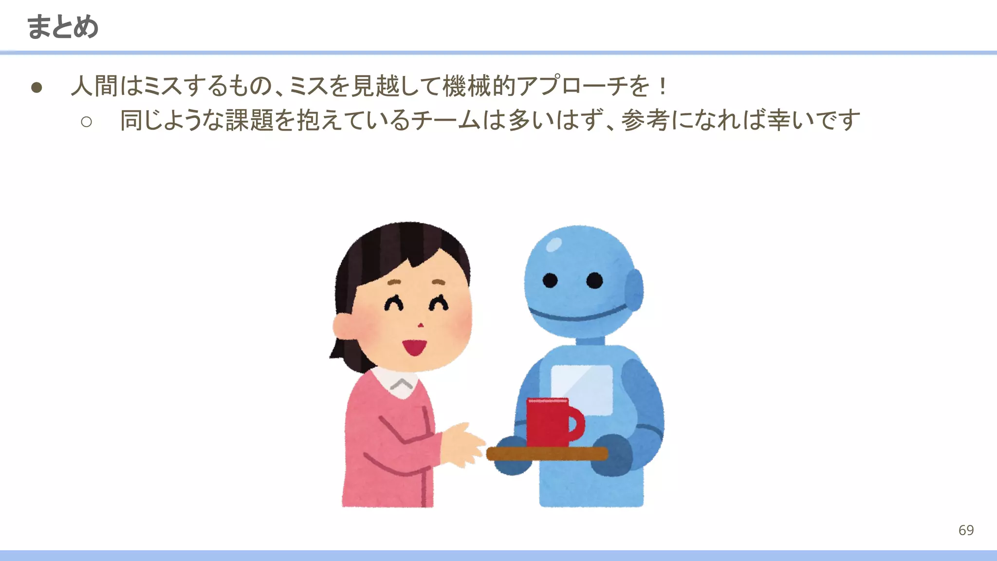 まとめ
69
● 人間はミスするもの、ミスを見越して機械的アプローチを！
○ 同じような課題を抱えているチームは多いはず、参考になれば幸いです
 