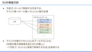 ● 方針②: ロールで制御する方法では、
テナント数＝ロール数＝セッション数が必要
コネクションプール
RLSの実装方針
DB
:
● テナントの数だけセッションをプールすることは、
DB側の最大接続数を超えるため難しい
→「方針①: セッション変数で制御する方法」を採用する
テナント3用
DBセッション
テナント2用
DBセッション
テナント1用
DBセッション
 