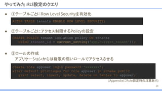 ● ②テーブルごとにアクセス制限するPolicyの設定
● ①テーブルごとにRow Level Securityを有効化
ALTER TABLE tenants ENABLE ROW LEVEL SECURITY;
やってみた：RLS設定のクエリ
24
create role appuser login password 'xxxxxxx';
alter default privileges for role appuser in schema public
grant select, insert, update, delete on tables to appuser;
CREATE POLICY tenant_isolation_policy ON tenants
USING (tenant_id = current_setting('app.current_tenant'));
● ③ロールの作成
アプリケーションからは権限の弱いロールでアクセスさせる
(AppendixにRole設定時の注意あり)　
 