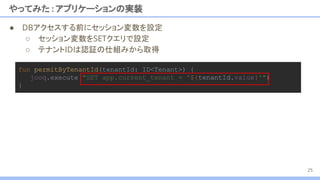 ● DBアクセスする前にセッション変数を設定
○ セッション変数をSETクエリで設定
○ テナントIDは認証の仕組みから取得
やってみた : アプリケーションの実装
25
fun permitByTenantId(tenantId: ID<Tenant>) {
jooq.execute("SET app.current_tenant = '${tenantId.value}'")
}
 