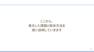 ここから、
発生した課題と解決方法を
順に説明していきます
29
 
