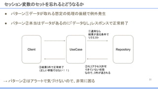 ● パターン②本当はデータがあるのに「データなし」レスポンスで正常終了
● パターン①データが取れる想定の処理の後続で例外発生
セッション変数のセットを忘れるとどうなるか
31
②RLSアクセス許可
できていない状態
なので、0件が返される
③結果0件で正常終了
(正しい挙動ではない！！)
①通常なら
結果が返る条件で
リクエスト
UseCase Repository
Client
→ パターン②はアラートで気づけないので、非常に困る
 