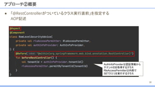 ● 「@RestControllerがついているクラス実行直前」を指定する
AOP記述
アプローチ②概要
38
AuthInfoProviderは認証情報から
テナントIDを取得するクラス
RlsAccessPermitterは内部で
SETクエリを実行するクラス
 