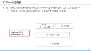 ● @Transactionalがついたクラス内のメソッドが呼ばれる時にSETクエリを実行
○ AOPで「@Transactionalがついたクラス実行直前」と指定
アプローチ③概要
43
UseCaseクラスに
@Transactional ユースケース層
プレゼン
テーション層
インフラ層
ドメイン層
 