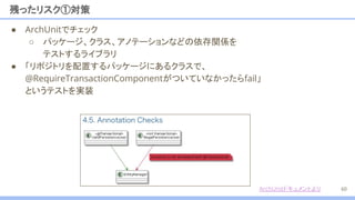 残ったリスク①対策
60
● ArchUnitでチェック
○ パッケージ、クラス、アノテーションなどの依存関係を
テストするライブラリ
● 「リポジトリを配置するパッケージにあるクラスで、 　
@RequireTransactionComponentがついていなかったらfail」
というテストを実装
ArchUnitドキュメントより
 