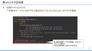 残ったリスク②対策
● 自動テスト(JUnit)で、
「”対象外テーブル”以外でRLS設定されてなったらfail」というテストを実装
62
RLS除外対象テーブルを定義し、テストコー
ドでここに埋める。
1件以上値が帰ってきたらFailとする。
 