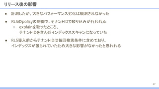● RLSのpolicyの制御で、テナントIDで絞り込みが行われる
○ explainを取ったところ、
テナントIDを含んだインデックススキャンになっていた
● 計測したが、大きなパフォーマンス劣化は観測されなかった
リリース後の影響
67
● RLS導入前からテナントIDは毎回検索条件に含めており、
インデックスが張られていたため大きな影響がなかったと思われる
 
