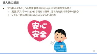 ● 「どう転んでもテナント間情報流出がない」という圧倒的安心感！
○ 実装がアノテーション付与だけで簡単、忘れたら気付けるので安心
○ レビュー時に目を皿にしてみなくてよくなった
導入後の感想
68
 