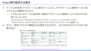 Postgres側の設定の注意点
● テーブル所有者（マイグレーション実行ロール）から、アプリケーション接続ロールに対し
てデフォルト権限を付与する
○ これをしないとテーブル追加時に毎回アプリケーション接続ロールにGRANTが必
要になってしまう
○ ALTER DEFAULT PRIVILEGES FOR ROLE マイグレーションロール IN SCHEMA PUBLIC
GRANT SELECT, INSERT, UPDATE, DELETE ON TABLES TO アプリケーション接続ロール
● ポリシー設定でSELECT権限のみの設定でもINSERT … RETURNINGコマンドなどに影
響が出る
73
https://www.postgresql.jp/document/12/html/sql-createpolicy.html
 
