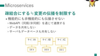 Microservices
疎結合にする≒変更の伝播を制限する
• 機能的にも⾮機能的にも伝播させない
»WebAPI（同期/⾮同期）を通じて連携する
»データを共有しない
»サーバもデータベースも共有しない
25
ｻｰﾋﾞｽA ｻｰﾋﾞｽB ｻｰﾋﾞｽC
DB A DB B DB C
 