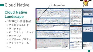 Cloud Native
Cloud Native
Landscape
• 1000近い関連製品
» プロビジョニング
» ランタイム
» オーケストレーション
» サーバレス
» オブザーバビリティ
» プラットフォーム
» ...
33
Kubernetes
 