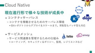 Cloud Native
現在進⾏形で様々な技術が成⻑中
• コンテナ+サーバレス
»コンテナを稼働させるためのサーバレス環境
▸Gitレポジトリからデプロイ＆スケールまで。常駐型もバッチ型も対応
• サービスメッシュ
»サービス間連携を管理するための仕組み
▸ルーティング、セキュリティ＆ポリシー、監視、レジリエンスなど
34
 