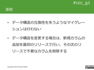 #ccc_g11
Copyright 2016 Hiroyuki Onaka
#ccc_g1
原則
• データ構造の互換性を失うようなマイグレー
ションは行わない
• データ構造を変更する場合は、新規カラムの
追加を最初のリリースで行い、その次...