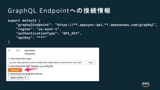 GraphQL Endpoint
export default {
"graphqlEndpoint": "https://**.appsync-api.**.amazonaws.com/graphql",
"region": "us-east-1",
"authenticationType": "API_KEY",
"apiKey": ”***"
}
 