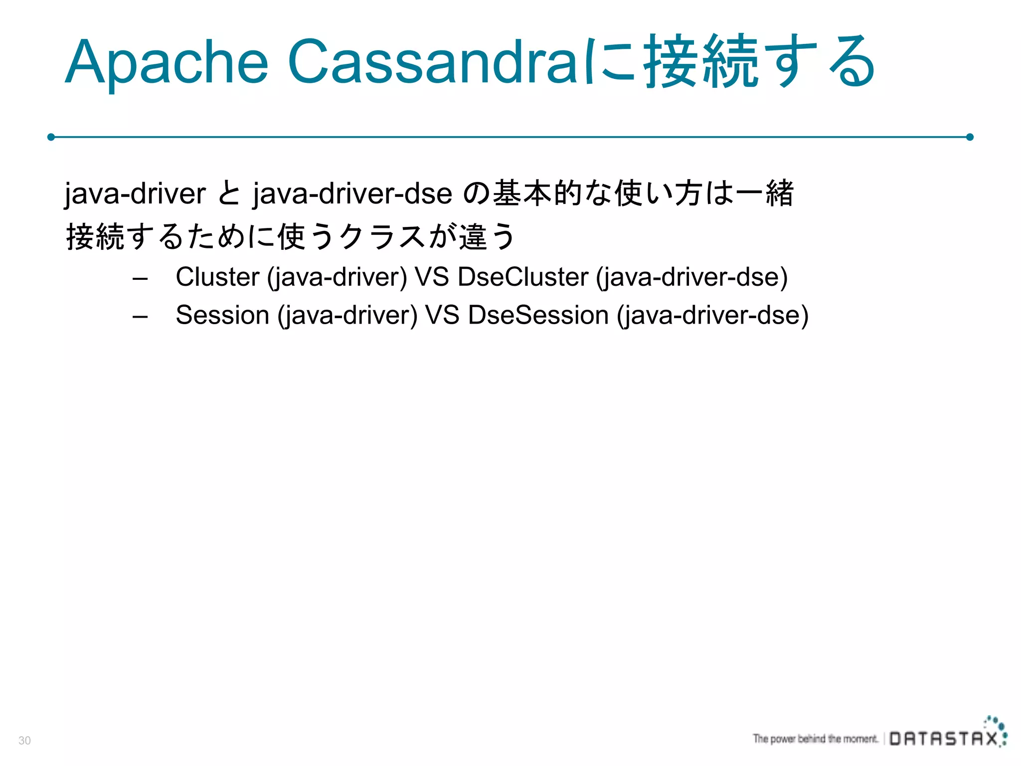 Apache Cassandraに接続する java-driver と java-driver-dse の基本的な使い方は一緒 接続するために使うクラスが違う – Cluster (java-driver) VS DseCluster (java-driver-dse) – Session (java-driver) VS DseSession (java-driver-dse) 30 