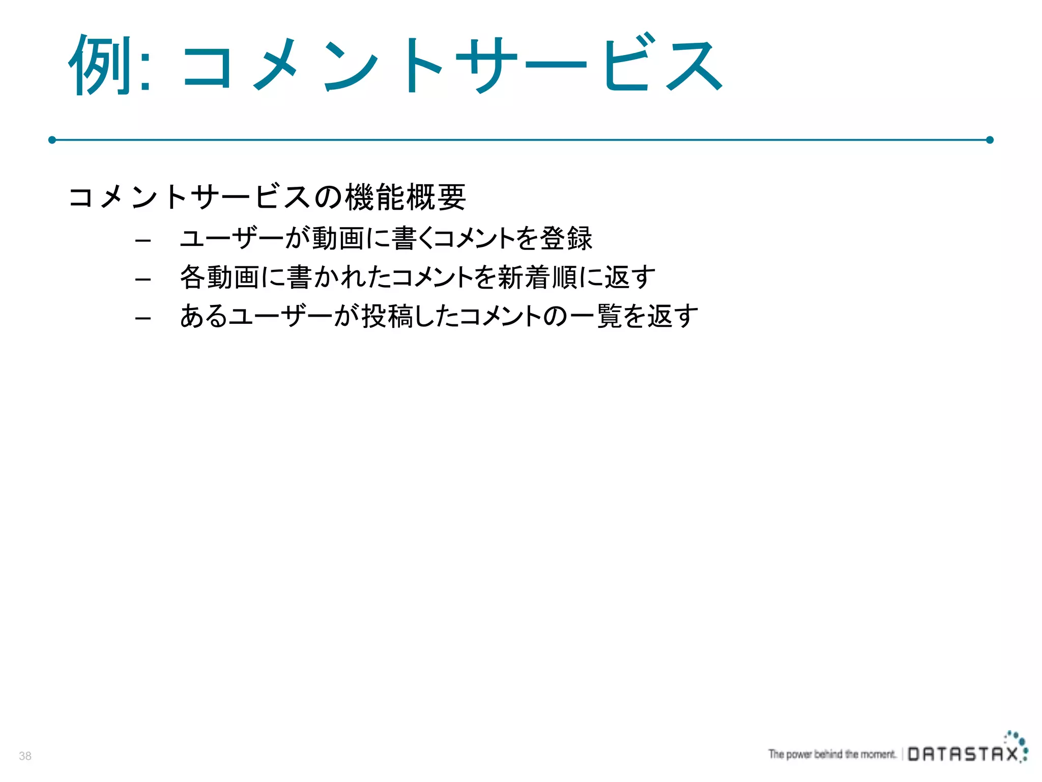 例: コメントサービス コメントサービスの機能概要 – ユーザーが動画に書くコメントを登録 – 各動画に書かれたコメントを新着順に返す – あるユーザーが投稿したコメントの一覧を返す 38 