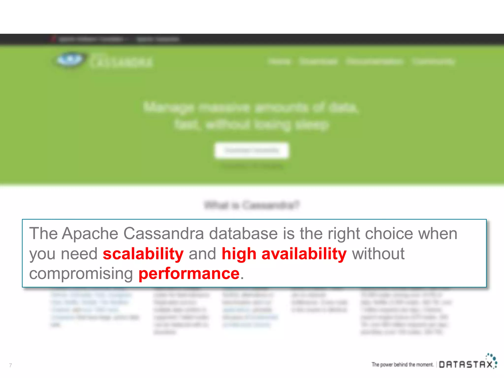 The Apache Cassandra database is the right choice when you need scalability and high availability without compromising performance. 7 