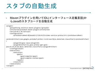 スタブの自動生成
- Mavenプラグインを用いてIDL(インターフェース定義言語)か
らJavaのスタブコードを自動生成
25
<plugin>
<groupId>org.xolstice.maven.plugins</groupId>
<artifactId>protobuf-maven-plugin</artifactId>
<version>0.5.0</version>
<configuration>
<protoSourceRoot>${basedir}/lib/killrvideo-service-protos/src</protoSourceRoot>
<protocArtifact>com.google.protobuf:protoc:3.0.0:exe:${os.detected.classifier}</protocArtifact
>
<pluginId>grpc-java</pluginId>
<pluginArtifact>io.grpc:protoc-gen-grpc-
java:0.14.0:exe:${os.detected.classifier}</pluginArtifact>
</configuration>
<executions>
<execution>
<goals>
<goal>compile</goal>
<goal>compile-custom</goal>
</goals>
</execution>
</executions>
</plugin>
 