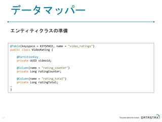 データマッパー
エンティティクラスの準備
47
@Table(keyspace = KEYSPACE, name = "video_ratings")
public class VideoRating {
@PartitionKey
private UUID videoid;
@Column(name = "rating_counter")
private Long ratingCounter;
@Column(name = "rating_total")
private Long ratingTotal;
…
}
 