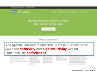 The Apache Cassandra database is the right choice when
you need scalability and high availability without
compromising performance.
7
 