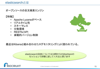elasticsearchとは 
15 
(C) Recruit Technologies Co.,Ltd. All rights reserved. 
オープンソースの全文検索エンジン 【特徴】 
•Apache Luceneがベース 
•リアルタイム性 
•スキーマレス 
•分散環境 
•RESTful API 
•楽観的バージョン制御 最近はKibanaと組み合わせたログモニタリングによく使われている。 
elasticsearch自体については18時からの@johtaniの セッションで詳細に話してくれると思います  
