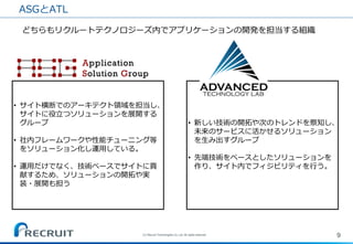 •サイト横断でのアーキテクト領域を担当し、 サイトに役立つソリューションを展開する グループ 
•社内フレームワークや性能チューニング等 をソリューション化し運用している。 
•運用だけでなく、技術ベースでサイトに貢 献するため、ソリューションの開拓や実 装・展開も担う 
ASGとATL 
9 
(C) Recruit Technologies Co.,Ltd. All rights reserved. 
•新しい技術の開拓や次のトレンドを察知し、 未来のサービスに活かせるソリューション を生み出すグループ 
•先端技術をベースとしたソリューションを 作り、サイト内でフィジビリティを行う。 
どちらもリクルートテクノロジーズ内でアプリケーションの開発を担当する組織  