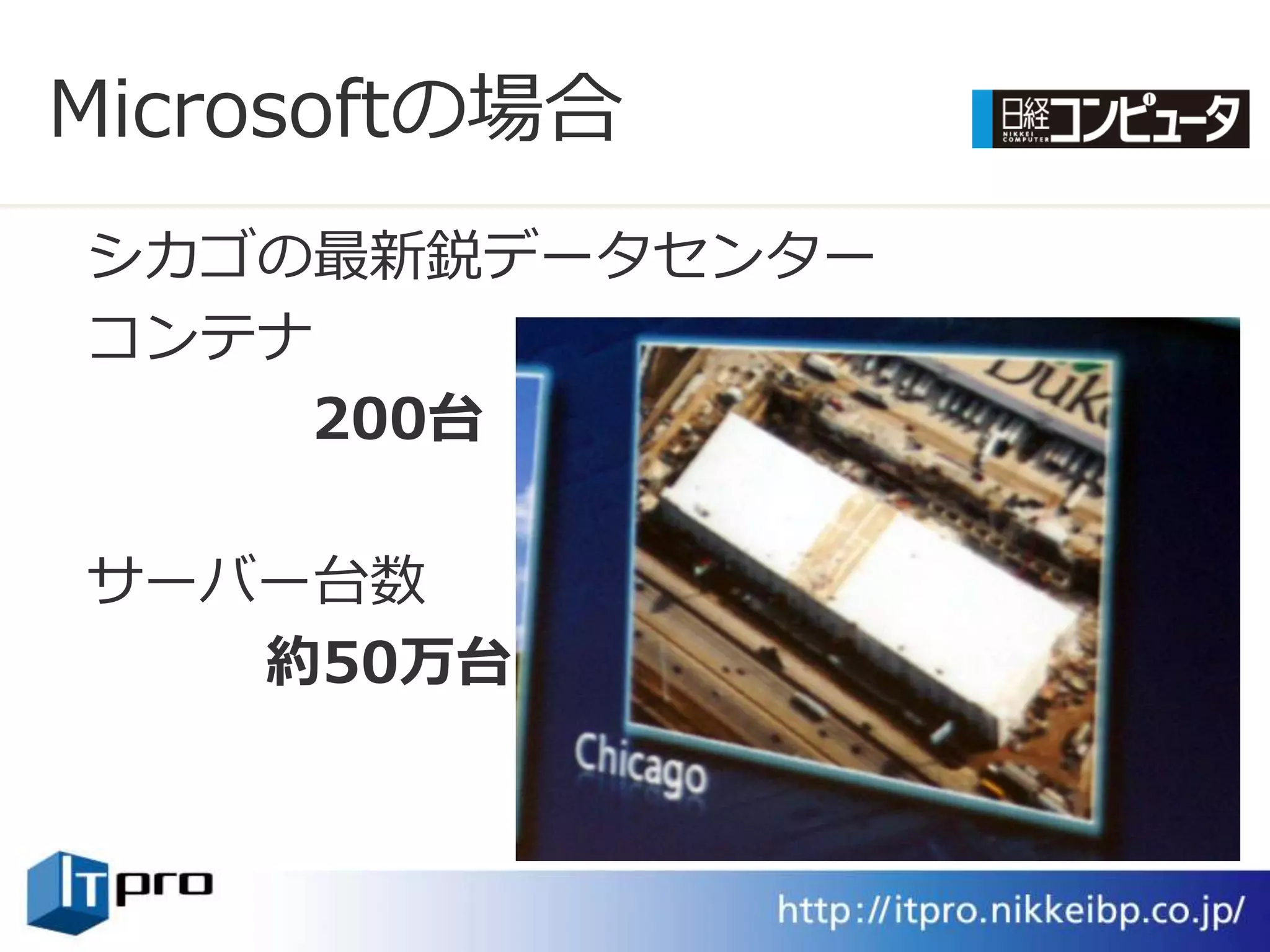 Microsoftの場合
シカゴの最新鋭データセンター
コンテナ
    200台

サーバー台数
   約50万台
 