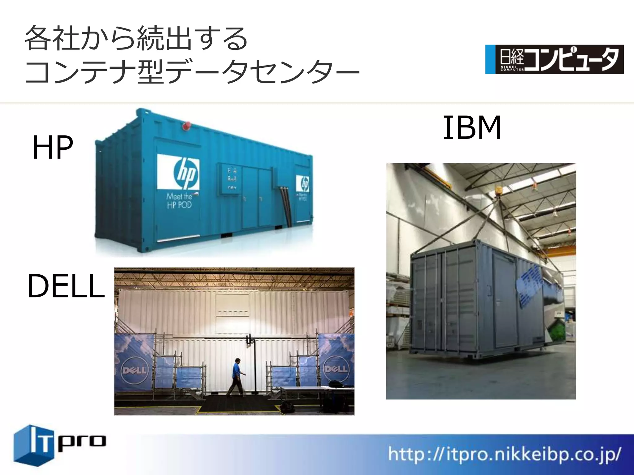 各社から続出する
コンテナ型データセンター

               IBM
HP



DELL
 