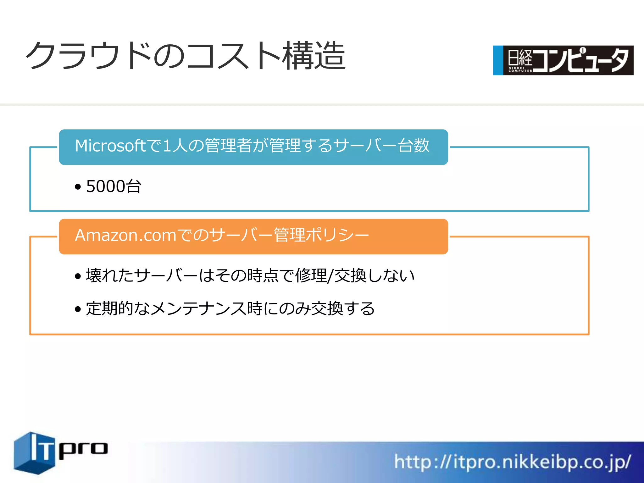 クラウドのコスト構造

 Microsoftで1人の管理者が管理するサーバー台数

 • 5000台


 Amazon.comでのサーバー管理ポリシー

 • 壊れたサーバーはその時点で修理/交換しない

 • 定期的なメンテナンス時にのみ交換する
 