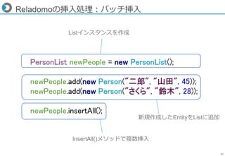 31
PersonList newPeople = new PersonList();
newPeople.add(new Person("二郎", "山田", 45));
newPeople.add(new Person("さくら", "鈴木...