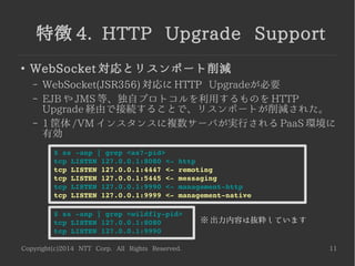 Copyright(c)2014 NTT Corp. All Rights Reserved. 11
特徴 4. HTTP Upgrade Support
●
WebSocket 対応とリスンポート削減
– WebSocket(JSR356) 対応に HTTP Upgradeが必要
– EJB や JMS 等、独自プロトコルを利用するものを HTTP
Upgrade 経由で接続することで、リスンポートが削減された。
– 1 筐体 /VM インスタンスに複数サーバが実行される PaaS 環境に
有効
$ ss ­anp | grep <as7­pid>
tcp LISTEN 127.0.0.1:8080 <­ http
tcp LISTEN 127.0.0.1:4447 <­ remoting
tcp LISTEN 127.0.0.1:5445 <­ messaging
tcp LISTEN 127.0.0.1:9990 <­ management­http
tcp LISTEN 127.0.0.1:9999 <­ management­native
$ ss ­anp | grep <wildfly­pid>
tcp LISTEN 127.0.0.1:8080
tcp LISTEN 127.0.0.1:9990
※ 出力内容は抜粋しています
 