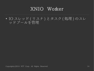 Copyright(c)2014 NTT Corp. All Rights Reserved. 14
XNIO Worker
●
IO スレッド ( リスナ ) とタスク ( 処理 ) のスレ
ッドプールを管理
 