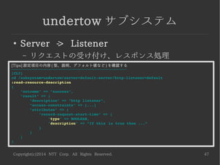Copyright(c)2014 NTT Corp. All Rights Reserved. 47
undertow サブシステム
●
Server -> Listener
– リクエストの受け付け、レスポンス処理
[Tips] 設定項目の内容 ( 型、説明、デフォルト値など ) を確認する
-----------------------------------------------------------------------------------------
[CLI]
cd /subsystem=undertow/server=default­server/http­listener=default
:read­resource­description
{
    "outcome" => "success",
    "result" => {
        "description" => "http listener",
        "access­constraints" => [...]
        "attributes" => {
            "record­request­start­time" => {
                "type" => BOOLEAN,
                "description" => “If this is true then ...”
            }
        }
    }
}
 
