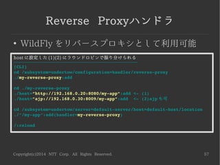 Copyright(c)2014 NTT Corp. All Rights Reserved. 57
組込 Handler と Filter
●
ポータビリティとの兼ね合いを判断して利用
●
Handler: 特定のリクエストパスに対して適用
– file
– reverse-proxy
●
Filter: リクエスト全体に対して適用※
– basic-auth
– connection-limit
– gzip
– response-header
※Handler と組み合わせれば特定パスに適用可 ( 後述 )
 